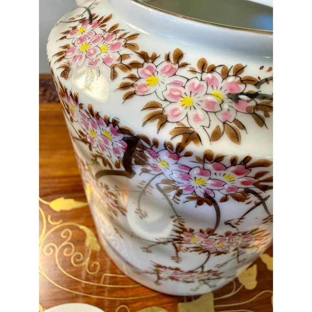 Vintage Cherry Blossom Teapot with Rattan Handle • Porcelain Floral Tea Pot‎
